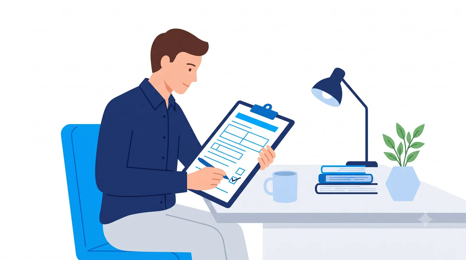 A person filling out a client intake form on a clipboard at a desk