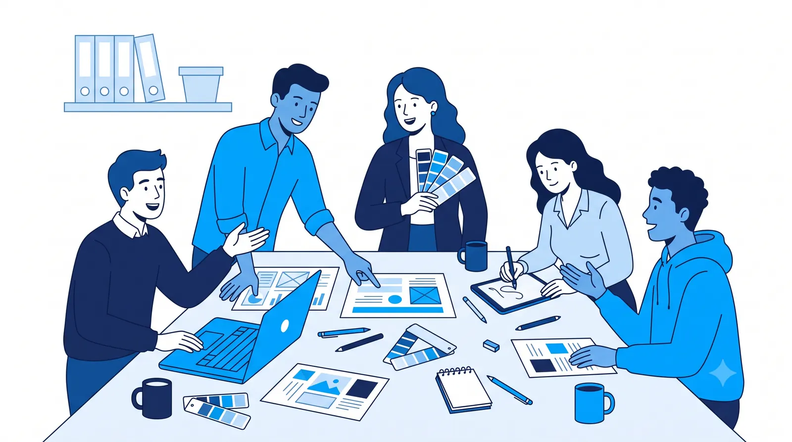 A creative agency team reviewing designs and color swatches
