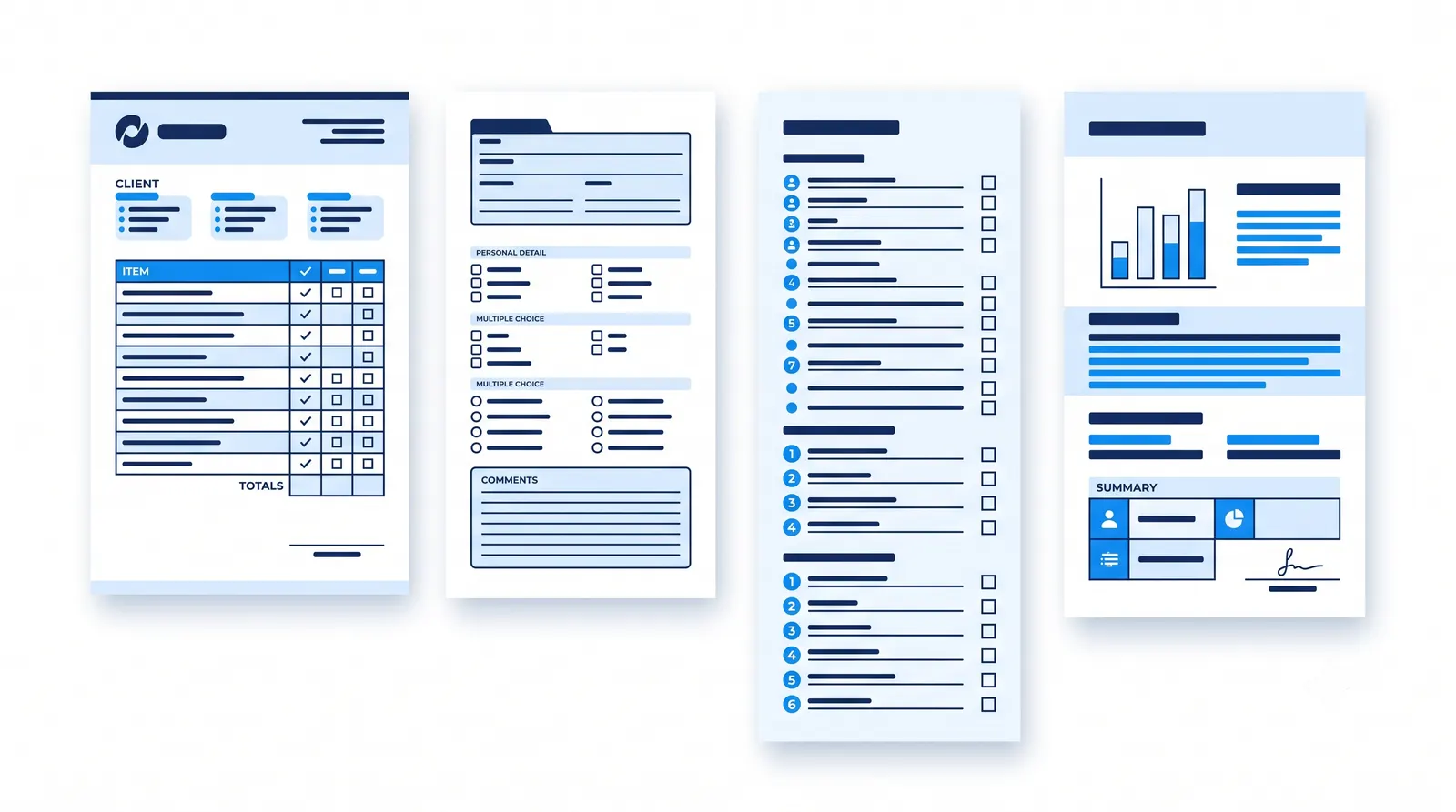 Four client intake form templates side by side